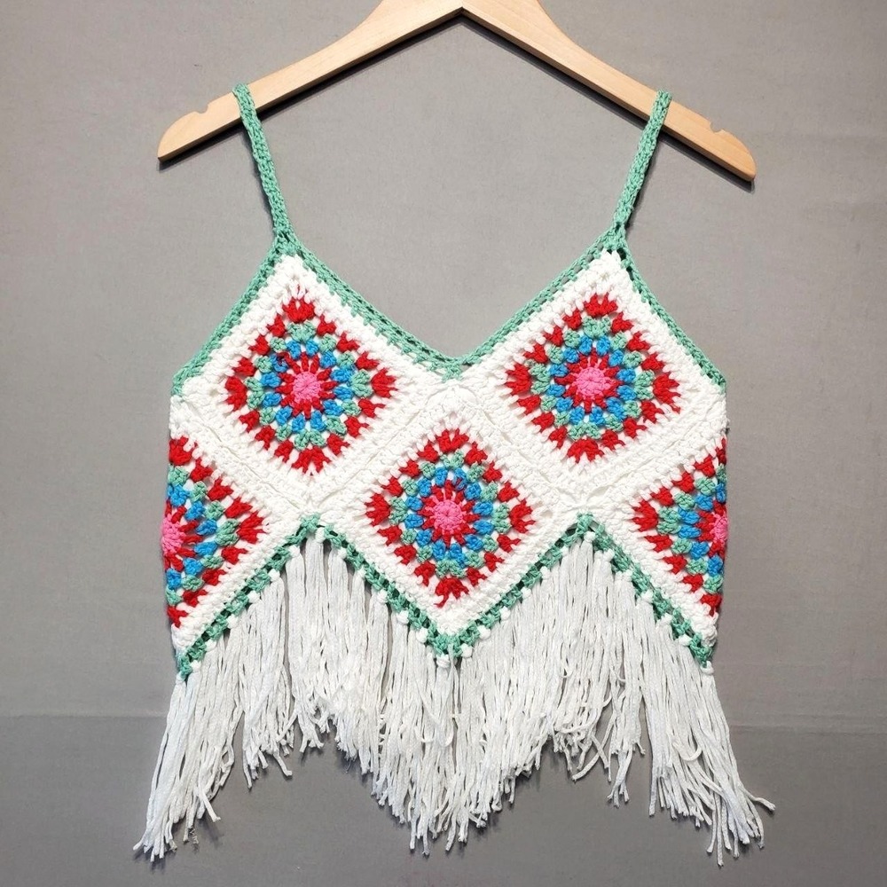 Pink Lily Granny Square Crochet Fringe Tank Top Womens Small White Boho Festival